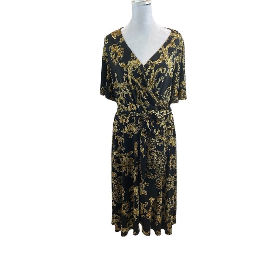 Ladies Donna Morgan Black and Gold Print Faux Wrap Dress Size 14